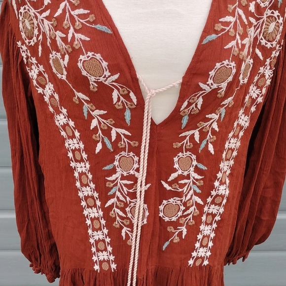 Free People Wild Dreams Embroidered Tunic Top Dress Rust Long Sleeve Peplum S - Picture 3 of 9